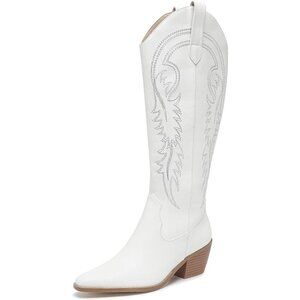 🆕Amoji Womens White pu knee High Western Cowboy Pull Pointed Toe Cowgirl Boots
